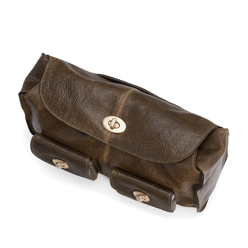 Cargo Baguette Bag Horsehide Leather Multi-Pocket Shoulder Bag with Twist Lock