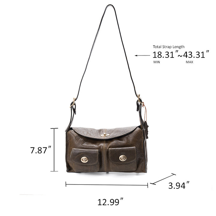 Cargo Baguette Bag Horsehide Leather Multi-Pocket Shoulder Bag with Twist Lock