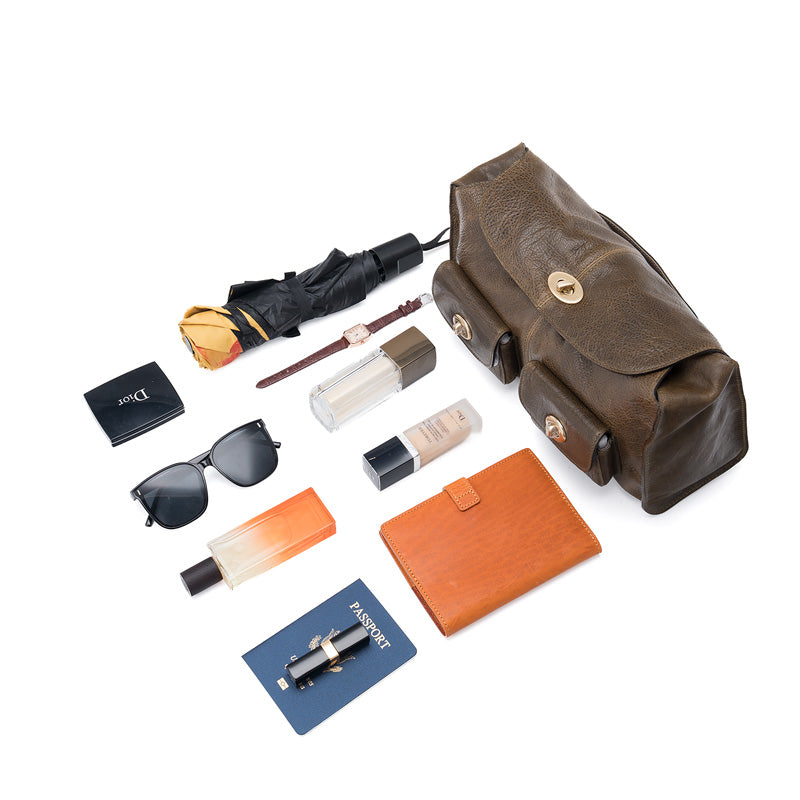 Cargo Baguette Bag Horsehide Leather Multi-Pocket Shoulder Bag with Twist Lock