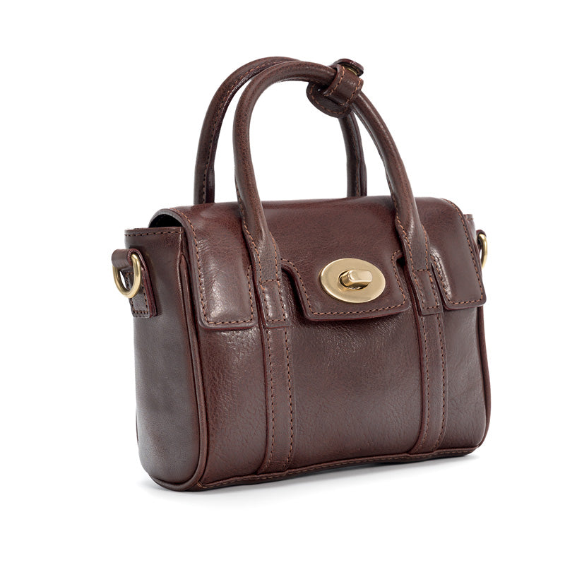 Mini Satchel Bag Washed Full Grain Leather Top Handle &amp; Crossbody bag with Twist Lock