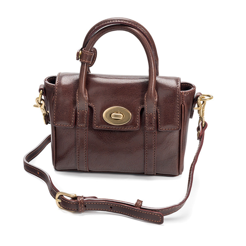 Mini Satchel Bag Washed Full Grain Leather Top Handle &amp; Crossbody bag with Twist Lock