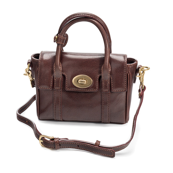 Mini Satchel Bag Washed Full Grain Leather Top Handle &amp; Crossbody bag with Twist Lock