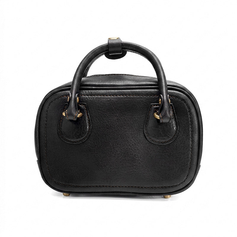 Small Bowling Bag Washed Top Grain Leather Boston Top Handle Bag with Brass Zip