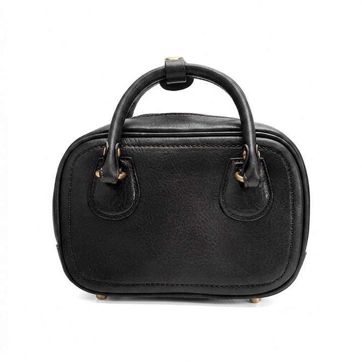 Small Bowling Bag Washed Top Grain Leather Boston Top Handle Bag with Brass Zip
