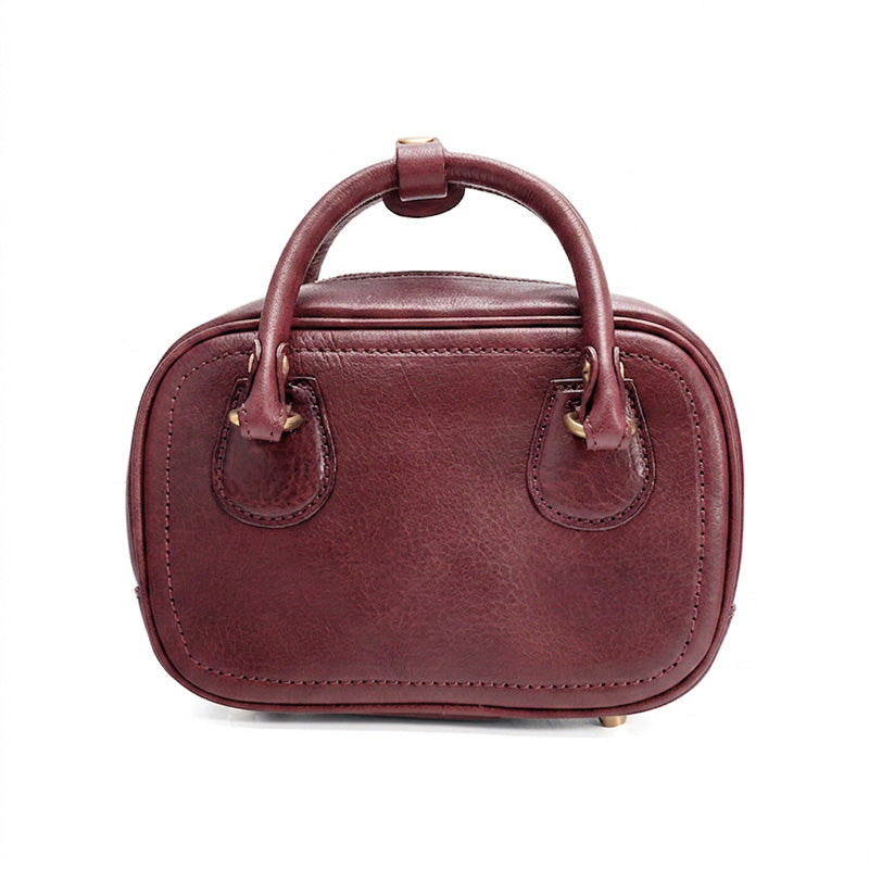 Small Bowling Bag Washed Top Grain Leather Boston Top Handle Bag with Brass Zip