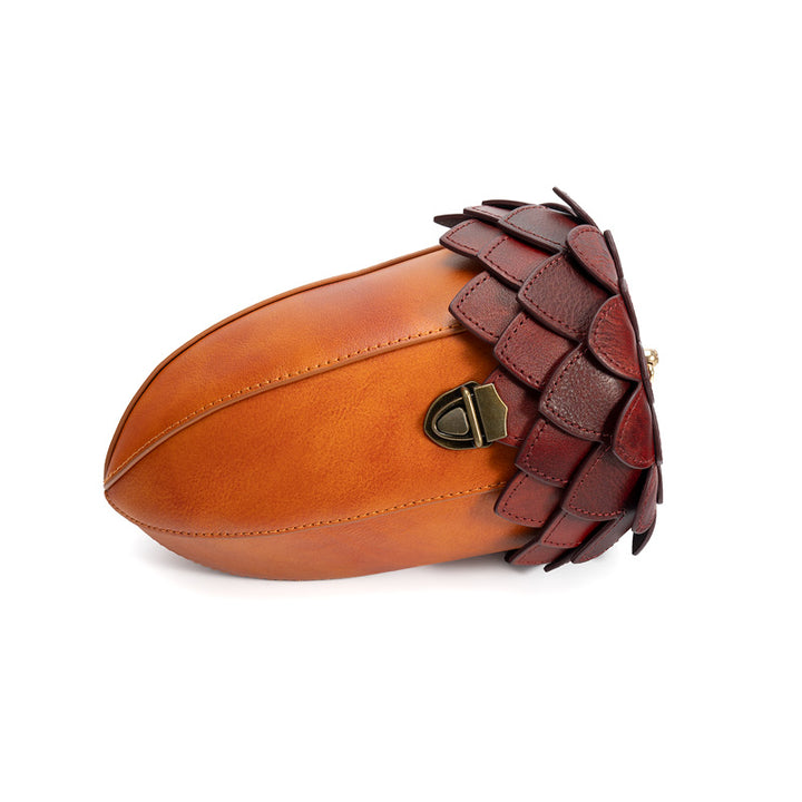 Acorn Leather Novelty Bag Handcrafted Statement Crossbody with Wooden Bead Handle