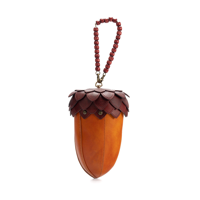 Acorn Leather Novelty Bag Handcrafted Statement Crossbody with Wooden Bead Handle