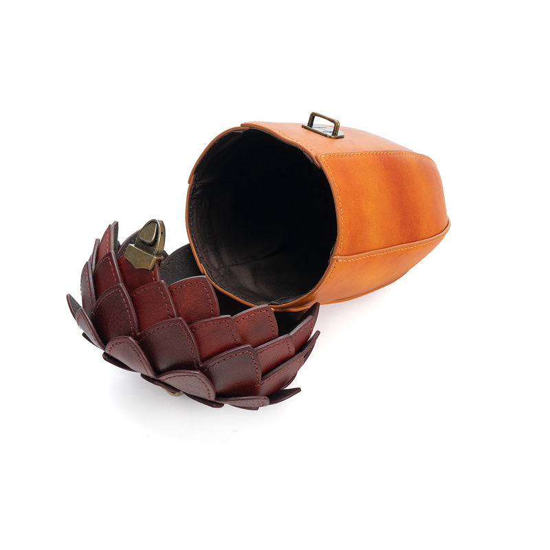 Acorn Leather Novelty Bag Handcrafted Statement Crossbody with Wooden Bead Handle