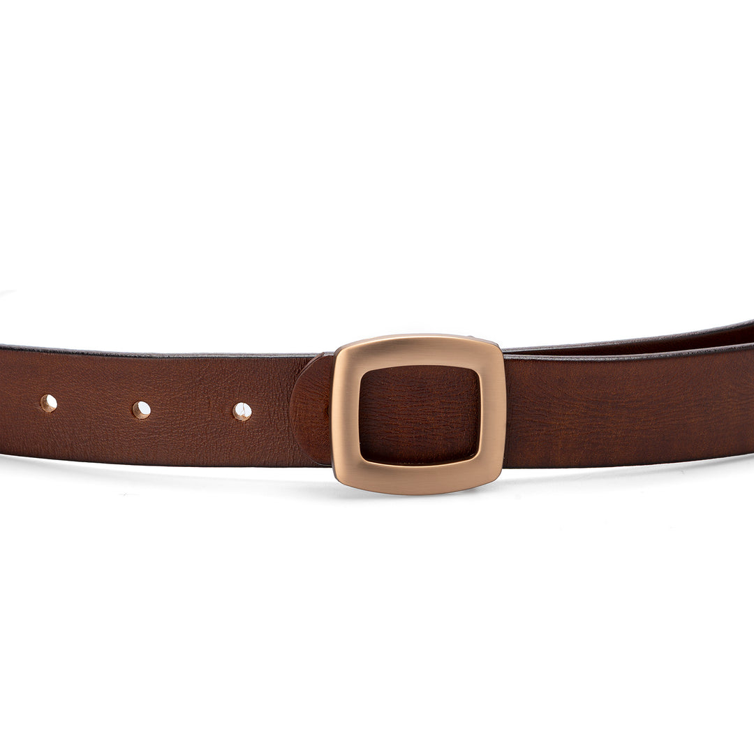 Belt in Brown Top Grain Leather Minimalist Style with Gold-Tone Square Buckle