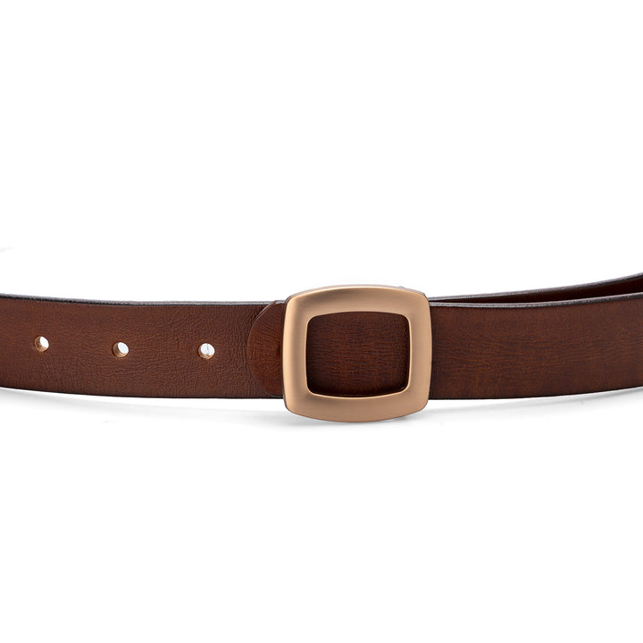 Belt in Brown Top Grain Leather Minimalist Style with Gold-Tone Square Buckle