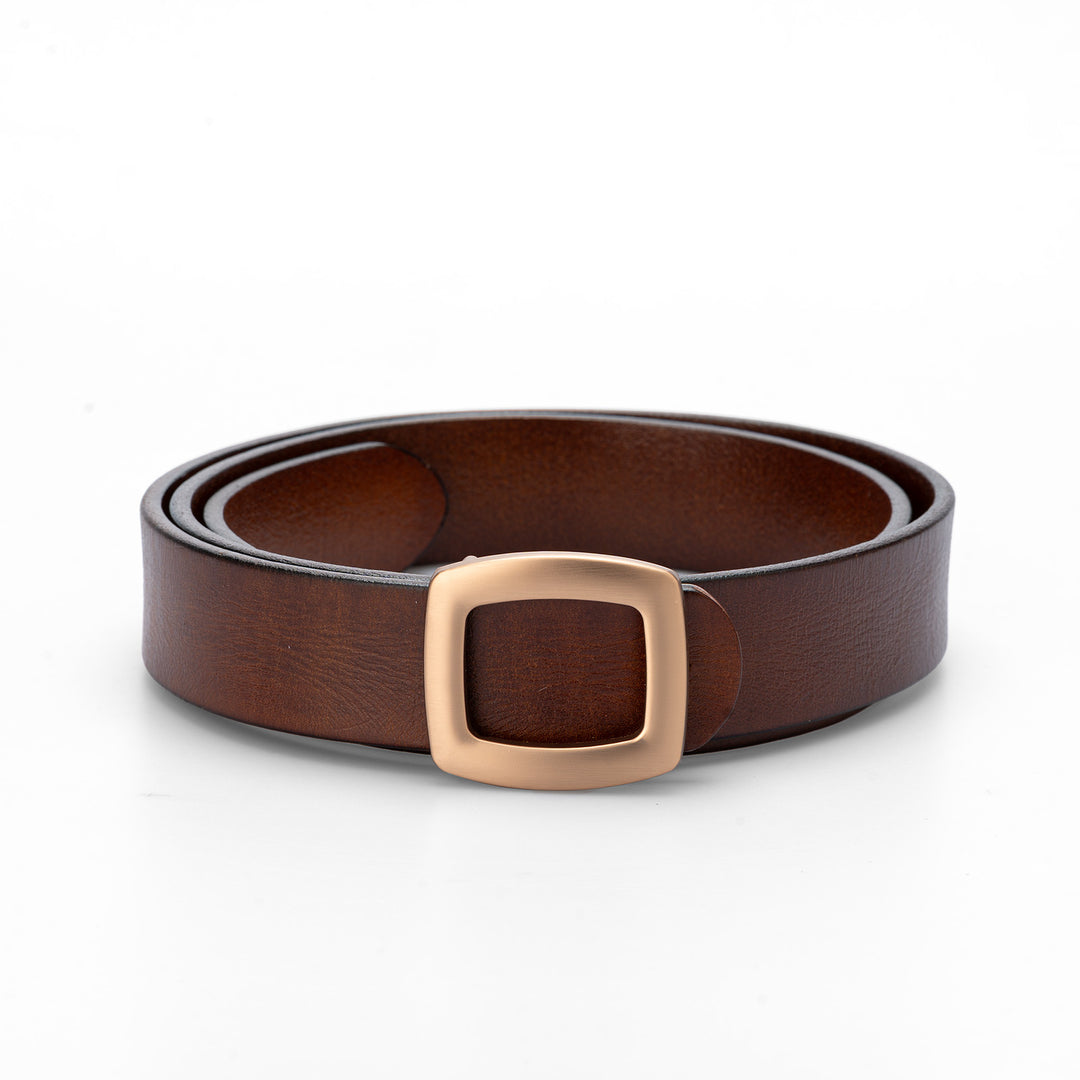 Belt in Brown Top Grain Leather Minimalist Style with Gold-Tone Square Buckle