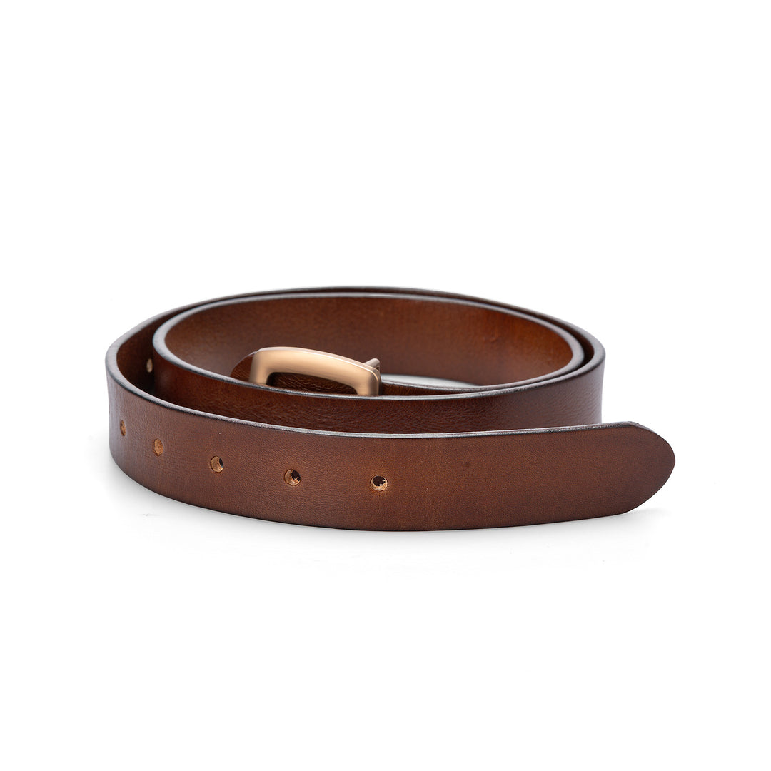 Belt in Brown Top Grain Leather Minimalist Style with Gold-Tone Square Buckle