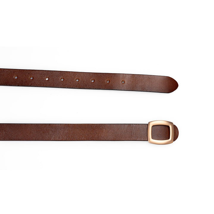 Belt in Brown Top Grain Leather Minimalist Style with Gold-Tone Square Buckle