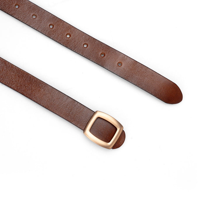 Belt in Brown Top Grain Leather Minimalist Style with Gold-Tone Square Buckle
