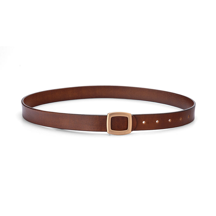 Belt in Brown Top Grain Leather Minimalist Style with Gold-Tone Square Buckle