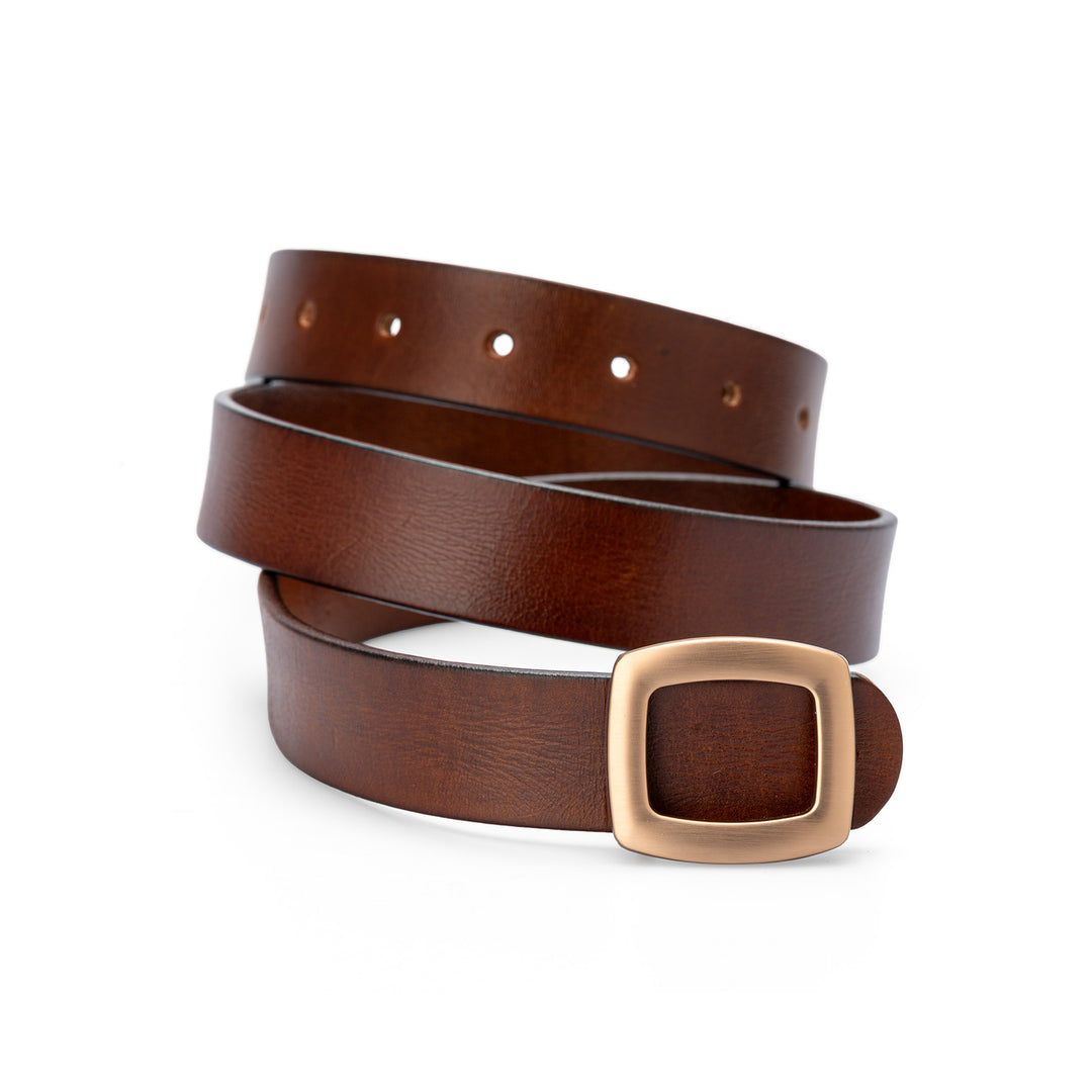 Belt in Brown Top Grain Leather Minimalist Style with Gold-Tone Square Buckle