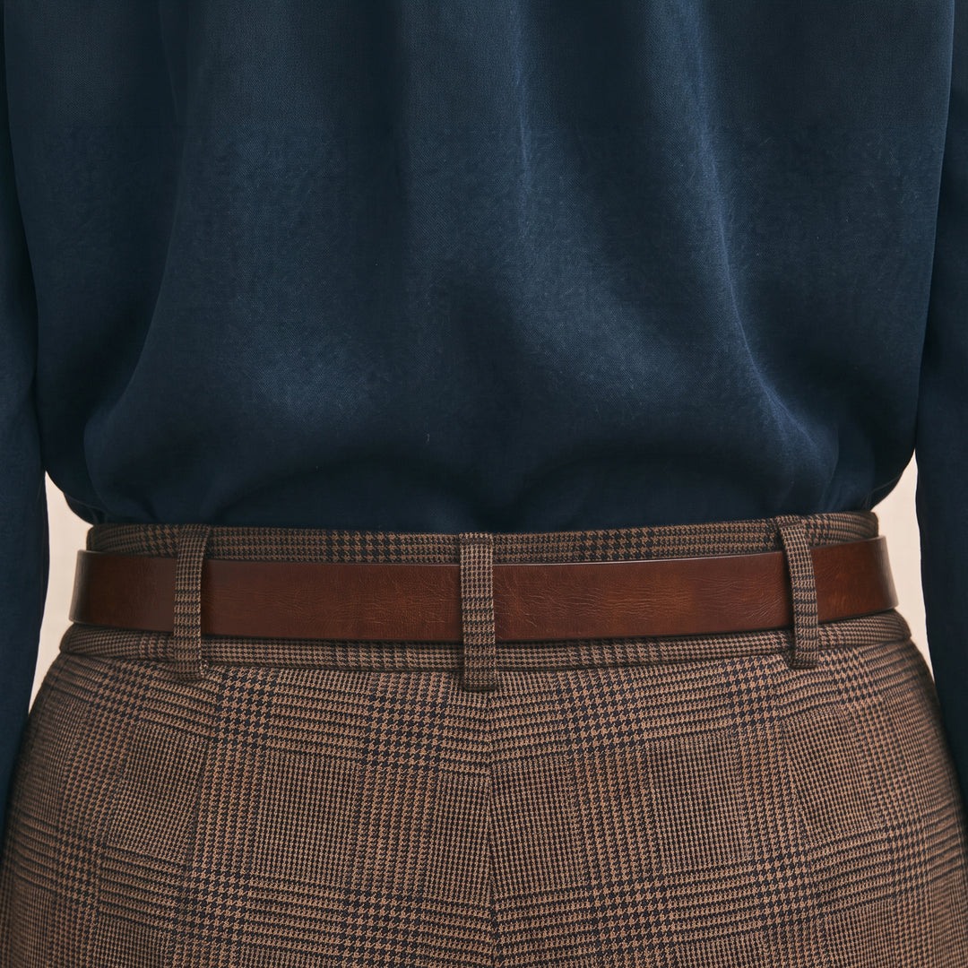 Belt in Brown Top Grain Leather Minimalist Style with Gold-Tone Square Buckle