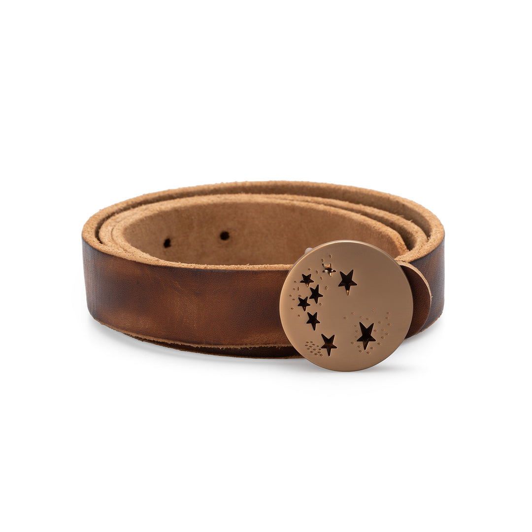 Belt in Brown Leather with Star Cutout Round Buckle