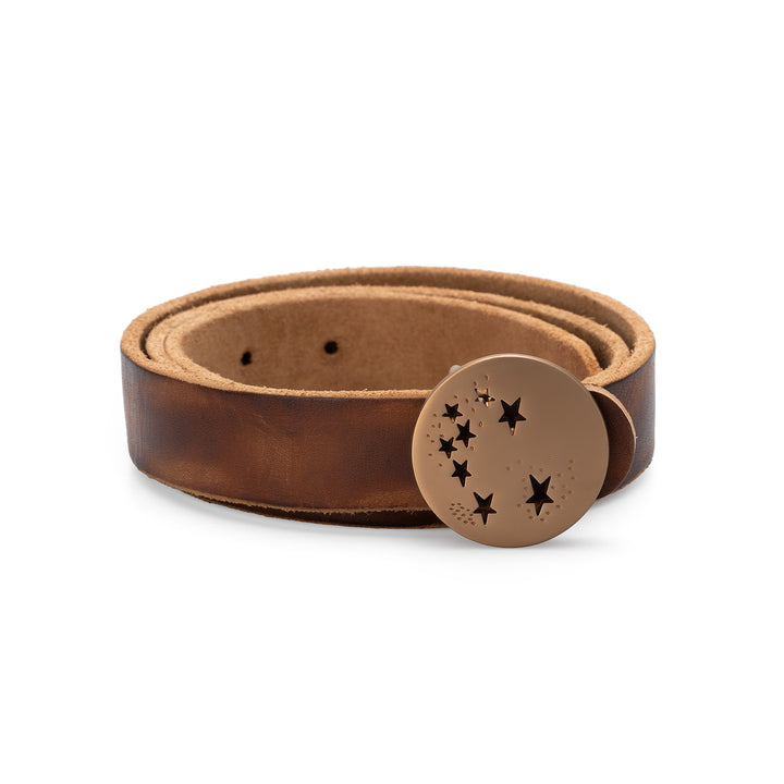 Belt in Brown Leather with Star Cutout Round Buckle