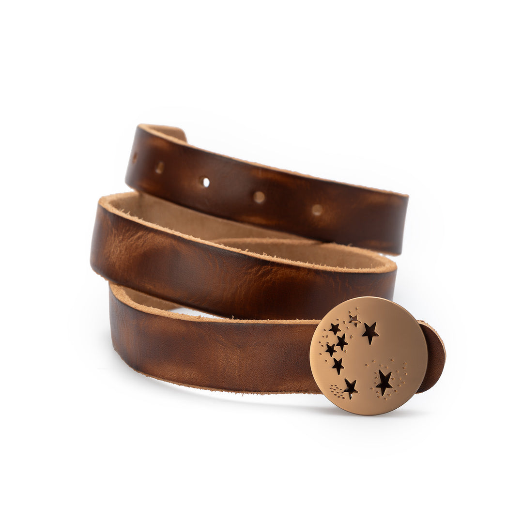 Belt in Brown Leather with Star Cutout Round Buckle