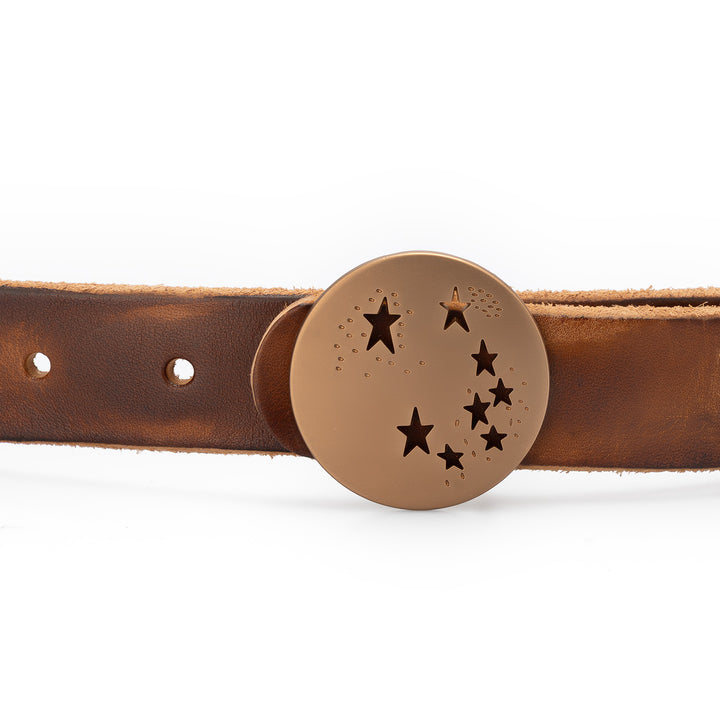 Belt in Brown Leather with Star Cutout Round Buckle