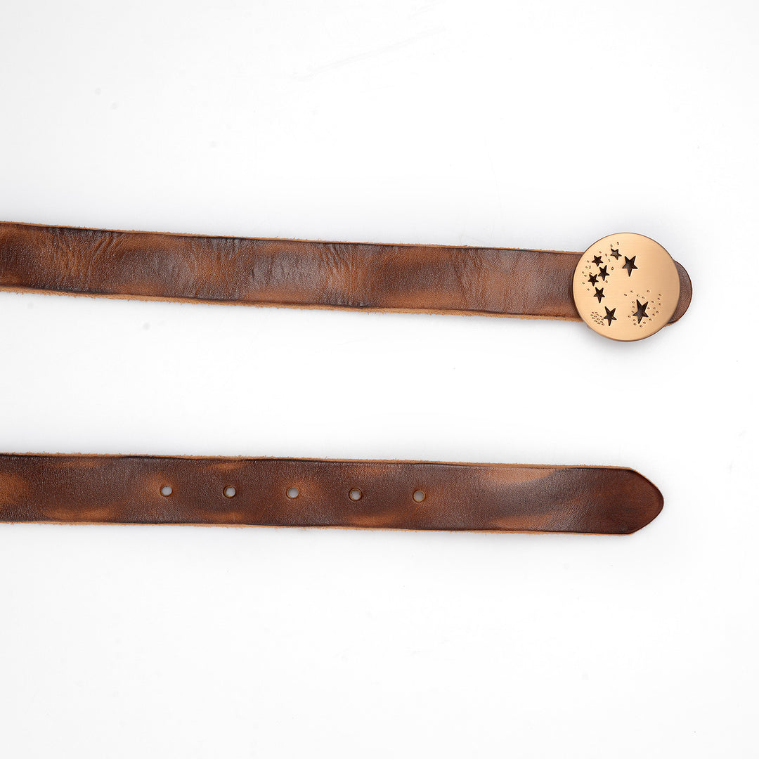 Belt in Brown Leather with Star Cutout Round Buckle