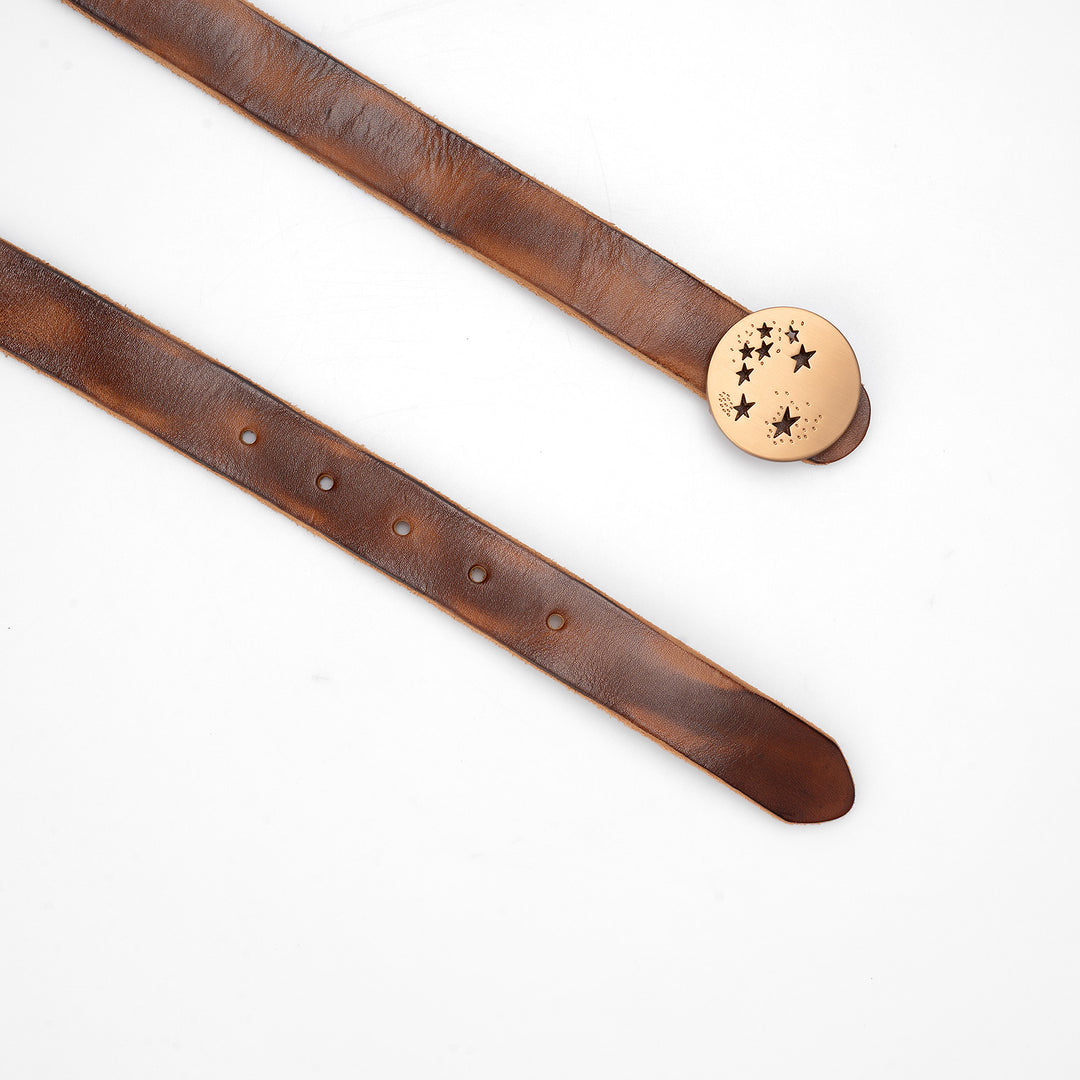 Belt in Brown Leather with Star Cutout Round Buckle