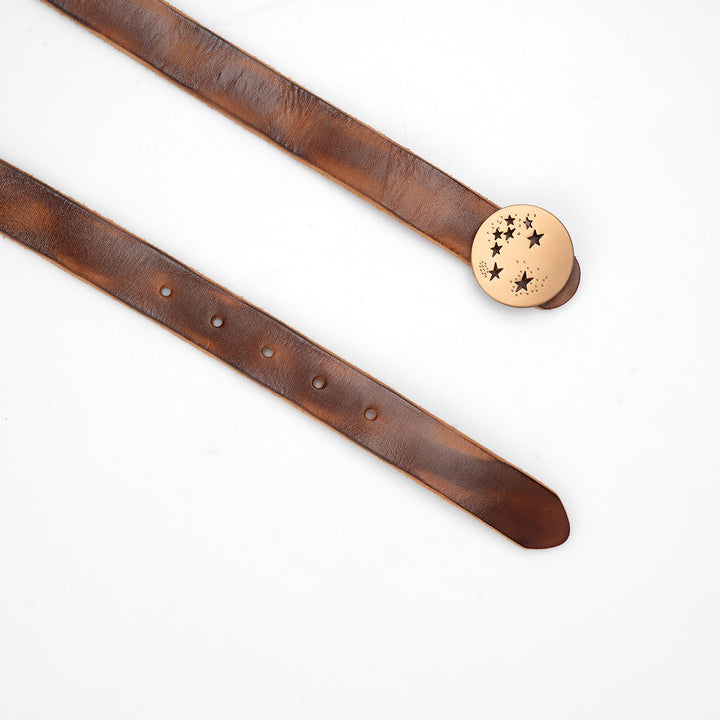 Belt in Brown Leather with Star Cutout Round Buckle