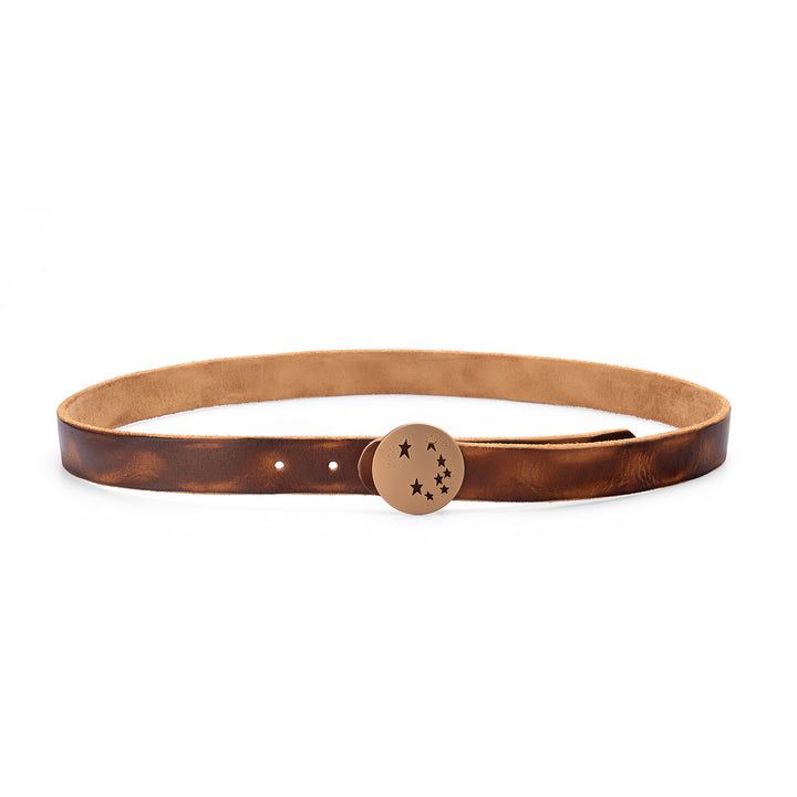 Belt in Brown Leather with Star Cutout Round Buckle