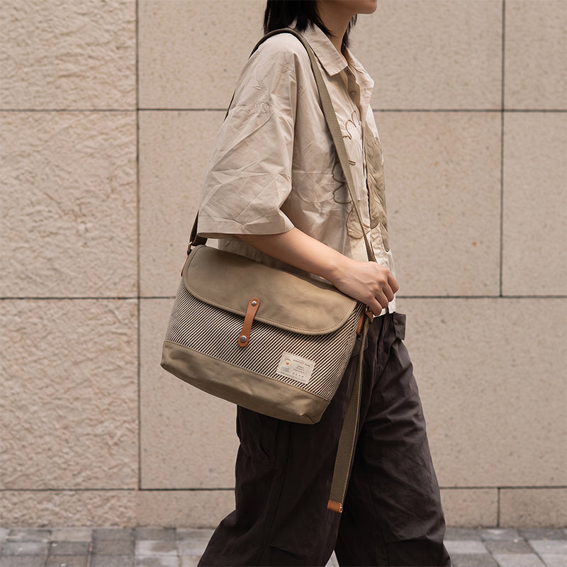 Canvas Messenger Bag Hickory Stripe Flap Crossbody with Leather Accents