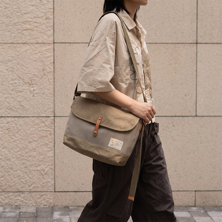 Canvas Messenger Bag Hickory Stripe Flap Crossbody with Leather Accents
