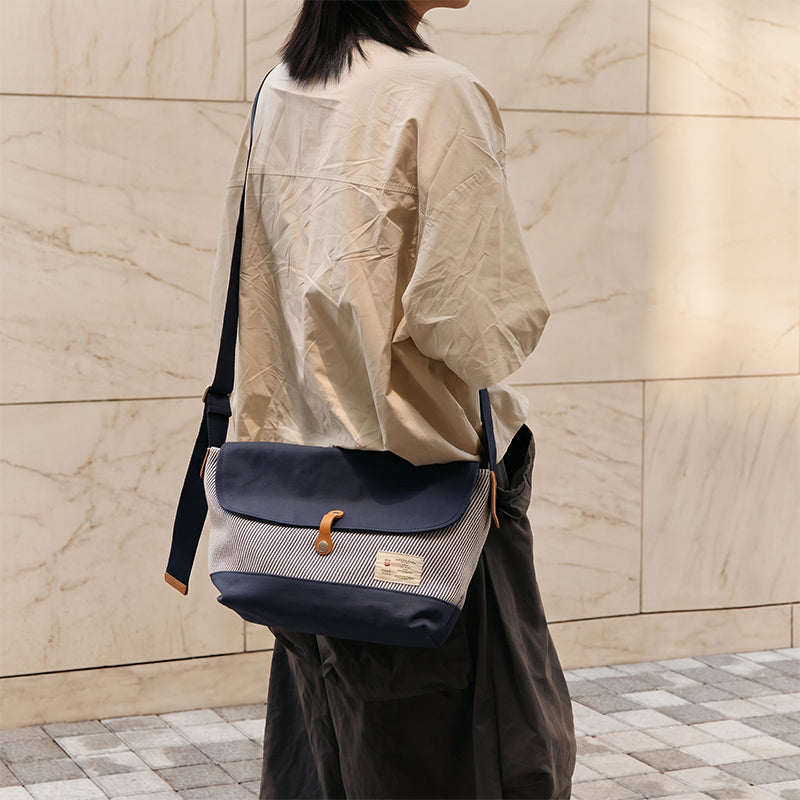 Canvas Messenger Bag Hickory Stripe Flap Crossbody with Leather Accents