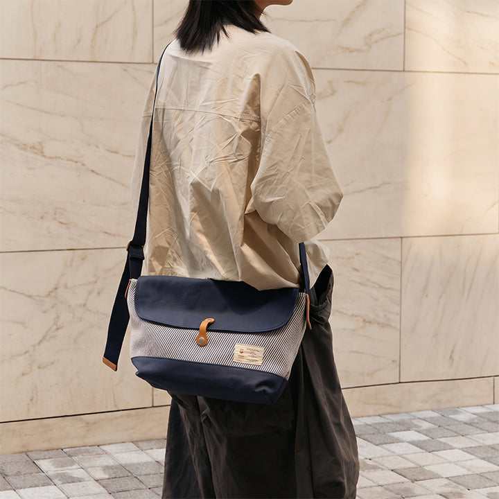 Canvas Messenger Bag Hickory Stripe Flap Crossbody with Leather Accents