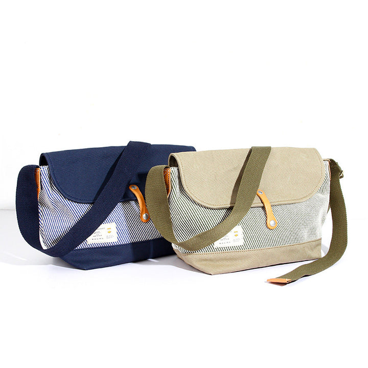 Canvas Messenger Bag Hickory Stripe Flap Crossbody with Leather Accents