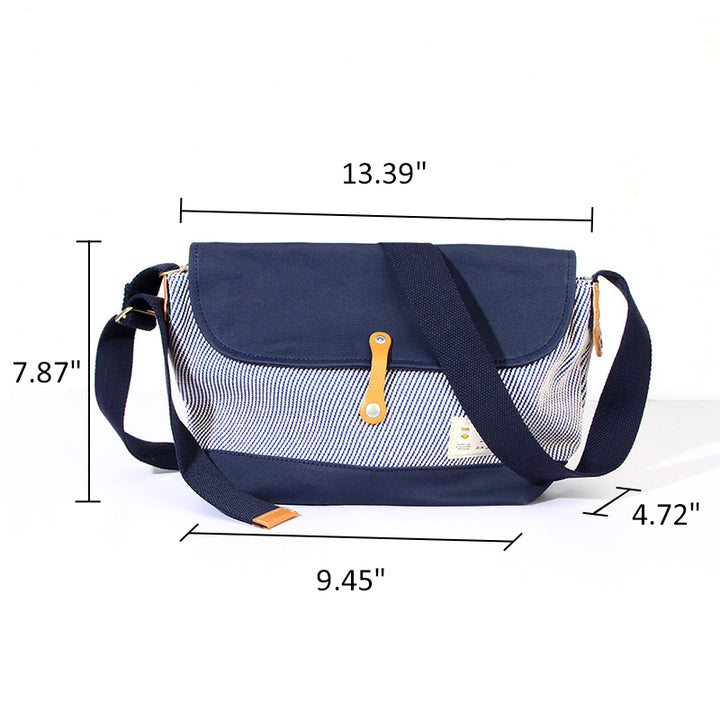Canvas Messenger Bag Hickory Stripe Flap Crossbody with Leather Accents