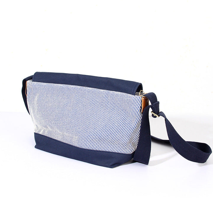Canvas Messenger Bag Hickory Stripe Flap Crossbody with Leather Accents