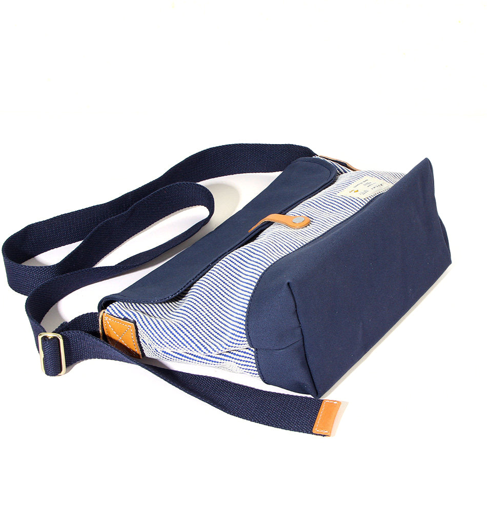 Canvas Messenger Bag Hickory Stripe Flap Crossbody with Leather Accents