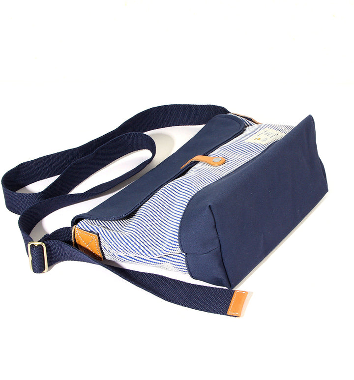 Canvas Messenger Bag Hickory Stripe Flap Crossbody with Leather Accents
