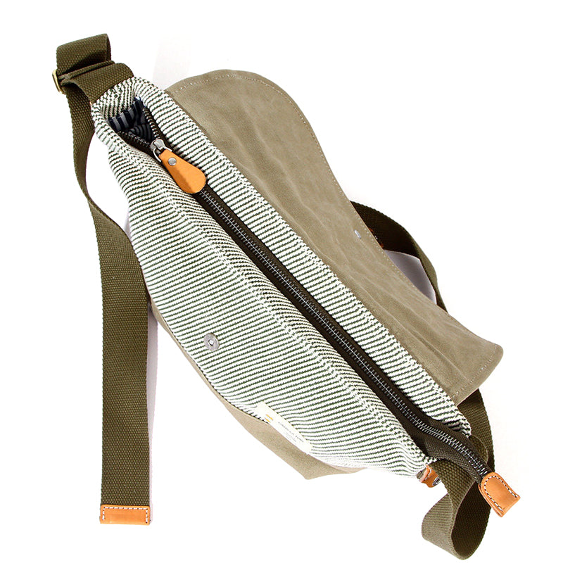 Canvas Messenger Bag Hickory Stripe Flap Crossbody with Leather Accents