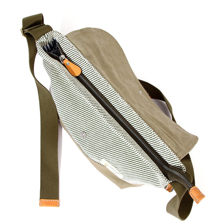 Canvas Messenger Bag Hickory Stripe Flap Crossbody with Leather Accents