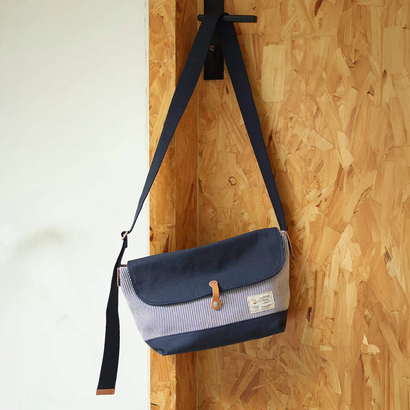 Canvas Messenger Bag Hickory Stripe Flap Crossbody with Leather Accents