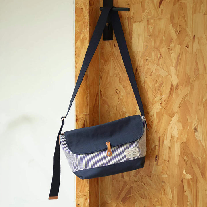 Canvas Messenger Bag Hickory Stripe Flap Crossbody with Leather Accents