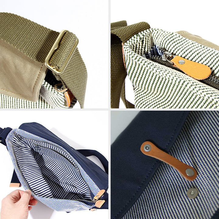 Canvas Messenger Bag Hickory Stripe Flap Crossbody with Leather Accents