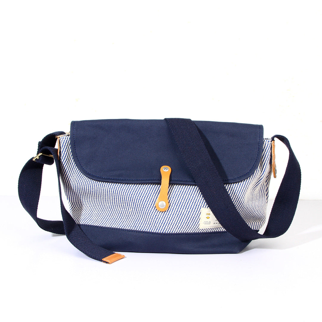 Canvas Messenger Bag Hickory Stripe Flap Crossbody with Leather Accents