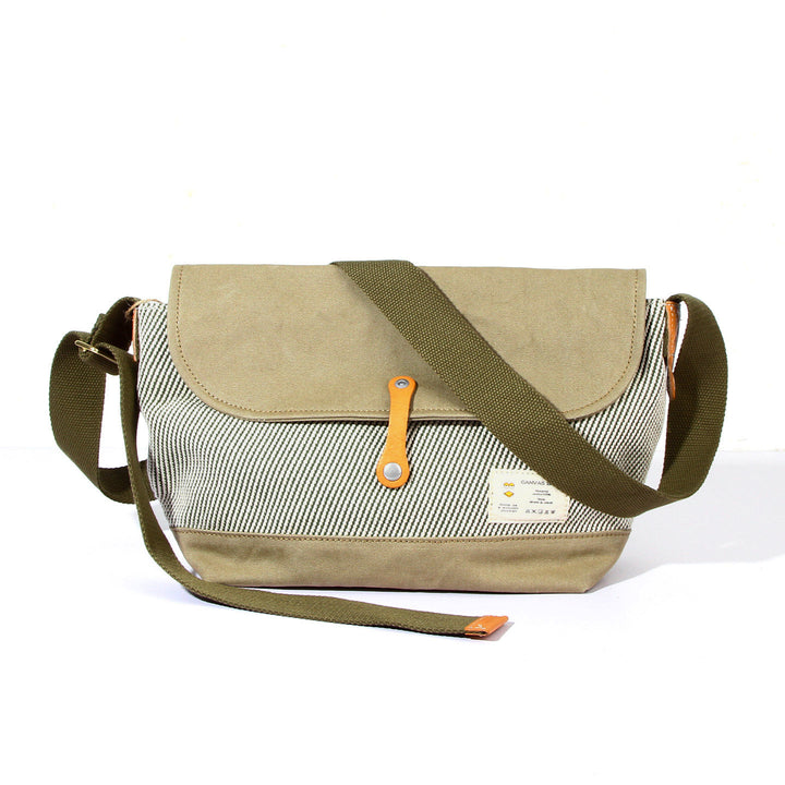 Canvas Messenger Bag Hickory Stripe Flap Crossbody with Leather Accents