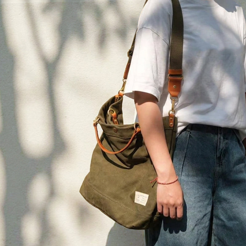 Canvas Tote Bag Leather Handle Vintage Large Shoulder Bag Crossbody