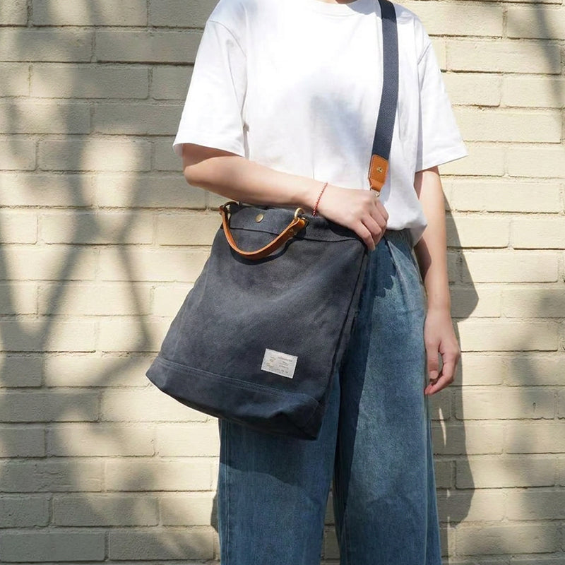 Canvas Tote Bag Leather Handle Vintage Large Shoulder Bag Crossbody