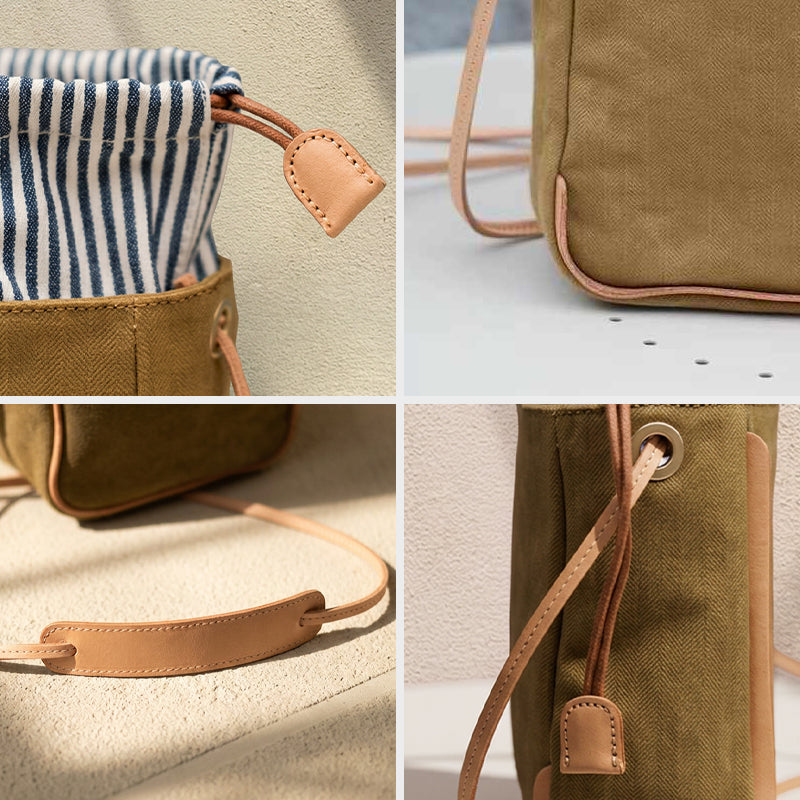 Canvas Bucket Bag with Leather Trim Drawstring Crossbody Mini Bag