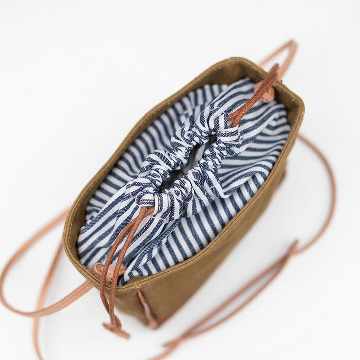 Canvas Bucket Bag with Leather Trim Drawstring Crossbody Mini Bag