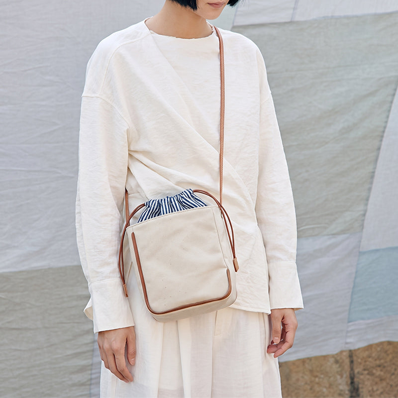 Canvas Bucket Bag with Leather Trim Drawstring Crossbody Mini Bag